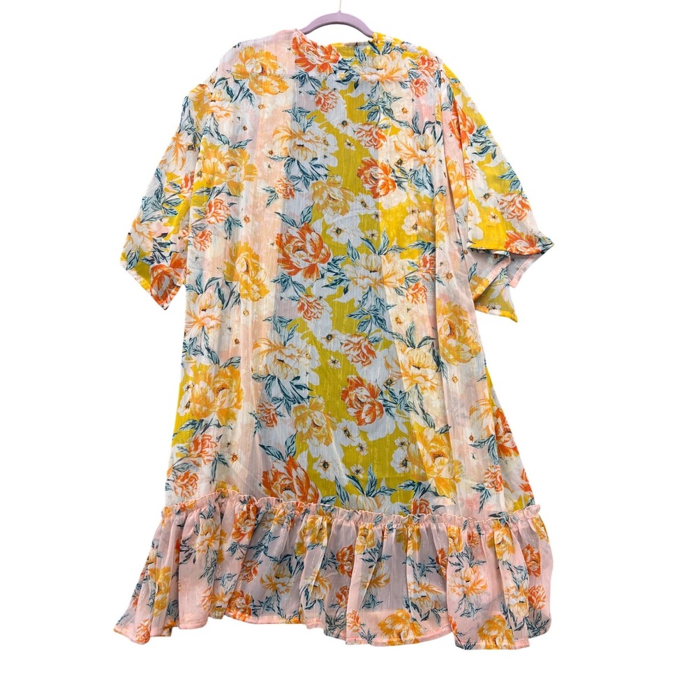 Vince Camuto Floral Kimono Wrap Womens OS‎ Yellow Orange Ruffle Metallic Boho - Picture 4 of 6